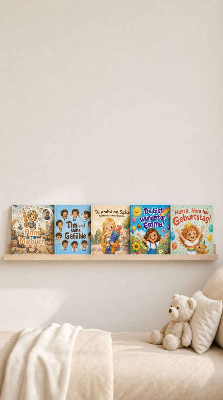 Die personalisierten Kinderbücher von Confetti Prints im Kinderzimmer-Regal