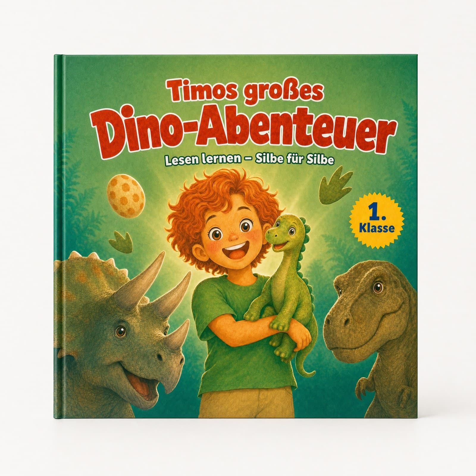 Personalisiertes Dino-Erstlesebuch mit deinem Kind auf dem Cover