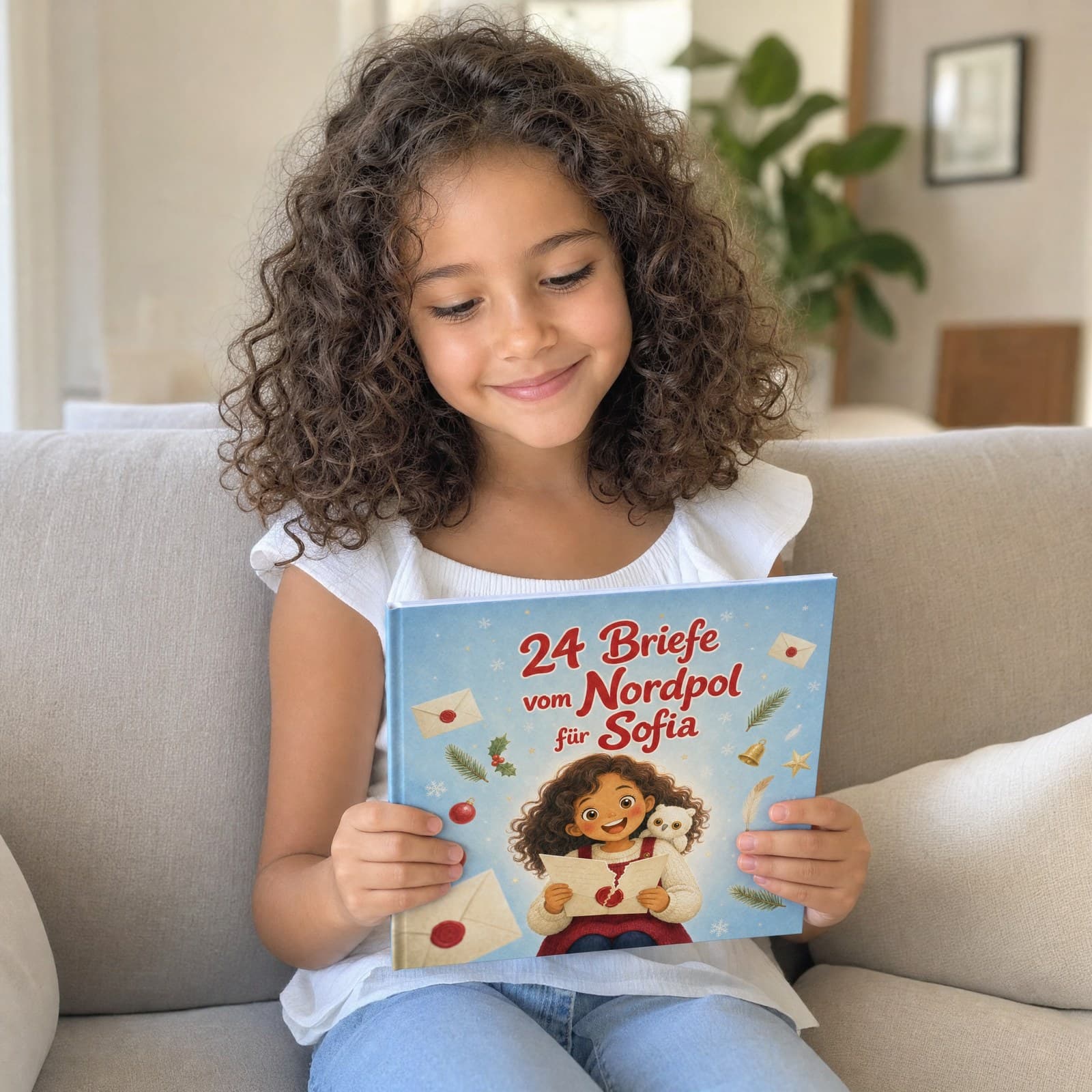 Kind mit dem personalisierten Buch „24 Briefe vom Nordpol“