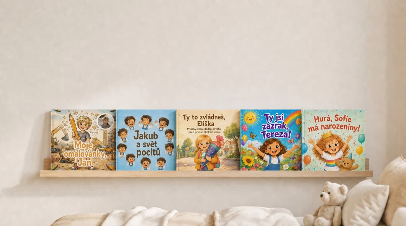 Personalizované dětské knihy Confetti Prints na poličce v dětském pokoji