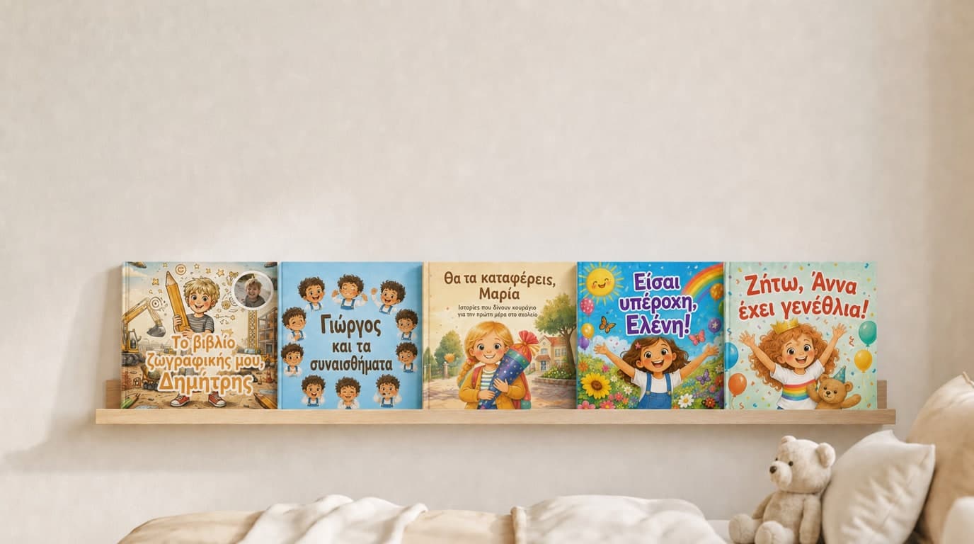 Τα εξατομικευμένα παιδικά βιβλία της Confetti Prints στο ράφι του παιδικού δωματίου
