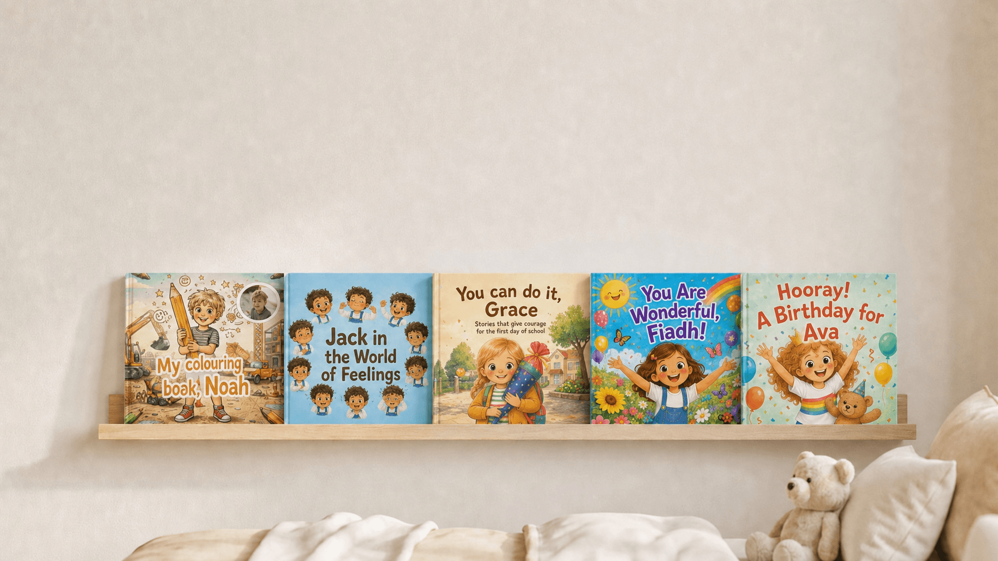 The personalised children’s books from Confetti Prints on a nursery shelf
