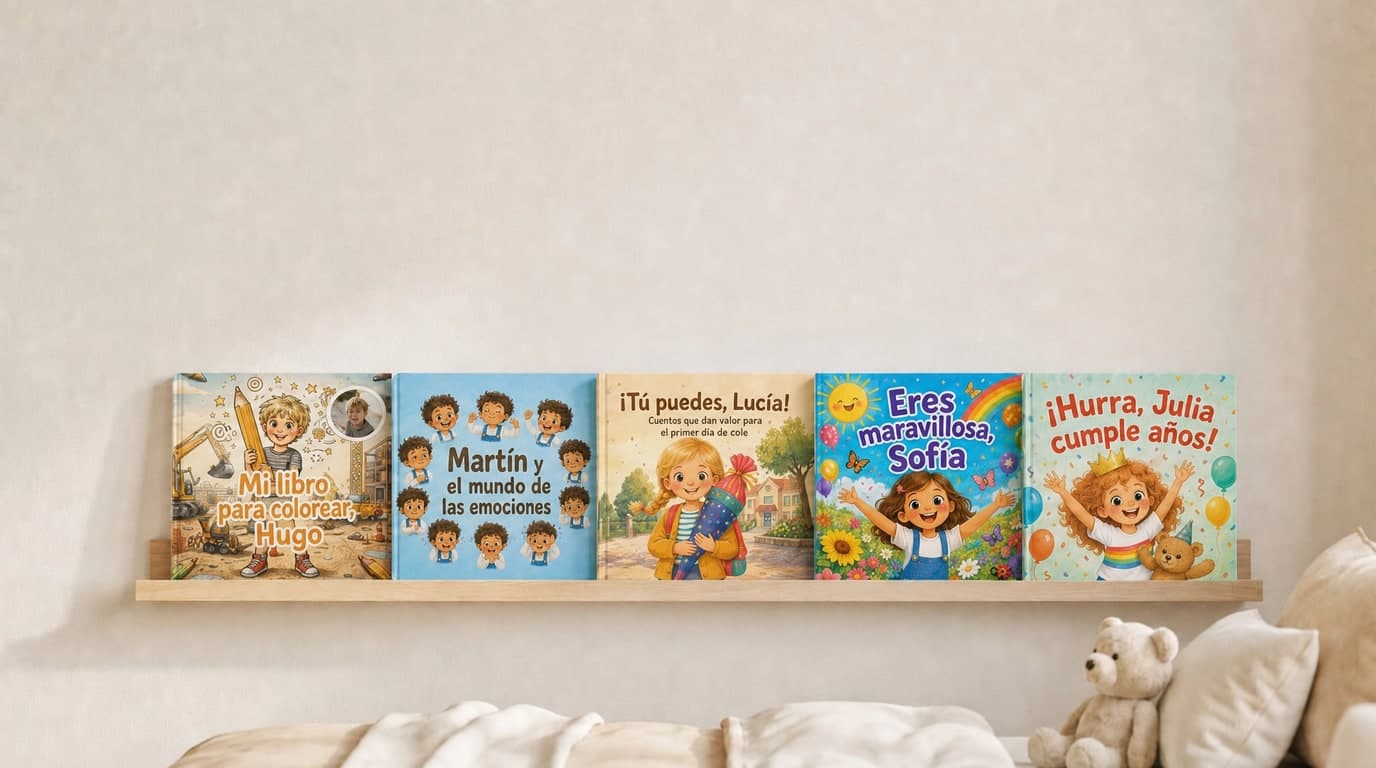 Los libros infantiles personalizados de Confetti Prints en la estantería de una habitación infantil
