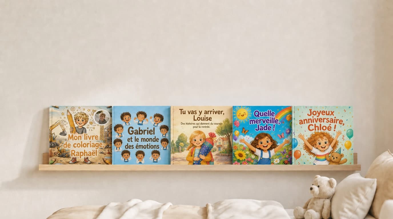 Les livres pour enfants personnalisés de Confetti Prints sur l’étagère d’une chambre d’enfant