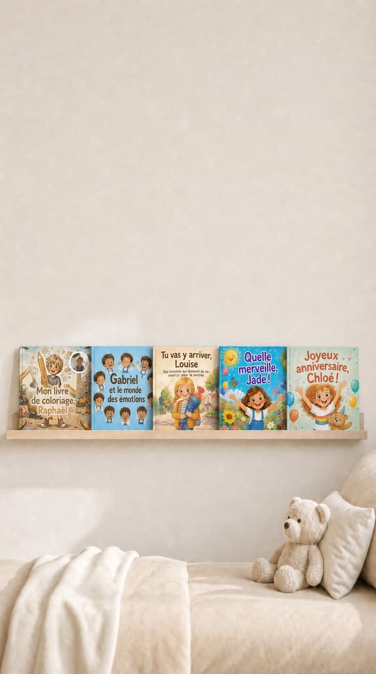 Les livres pour enfants personnalisés de Confetti Prints sur l’étagère d’une chambre d’enfant