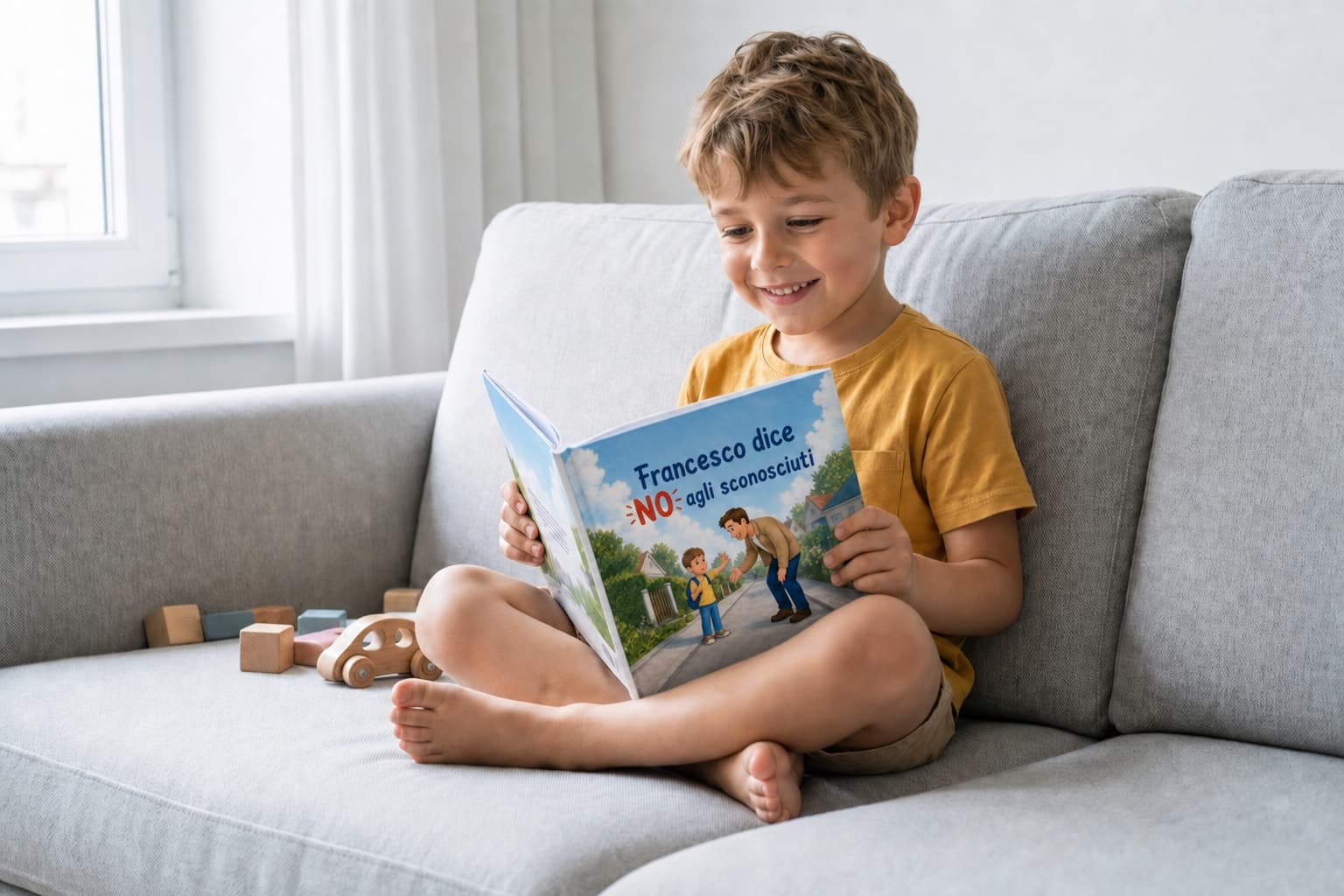 Bambino che legge il suo libro personalizzato
