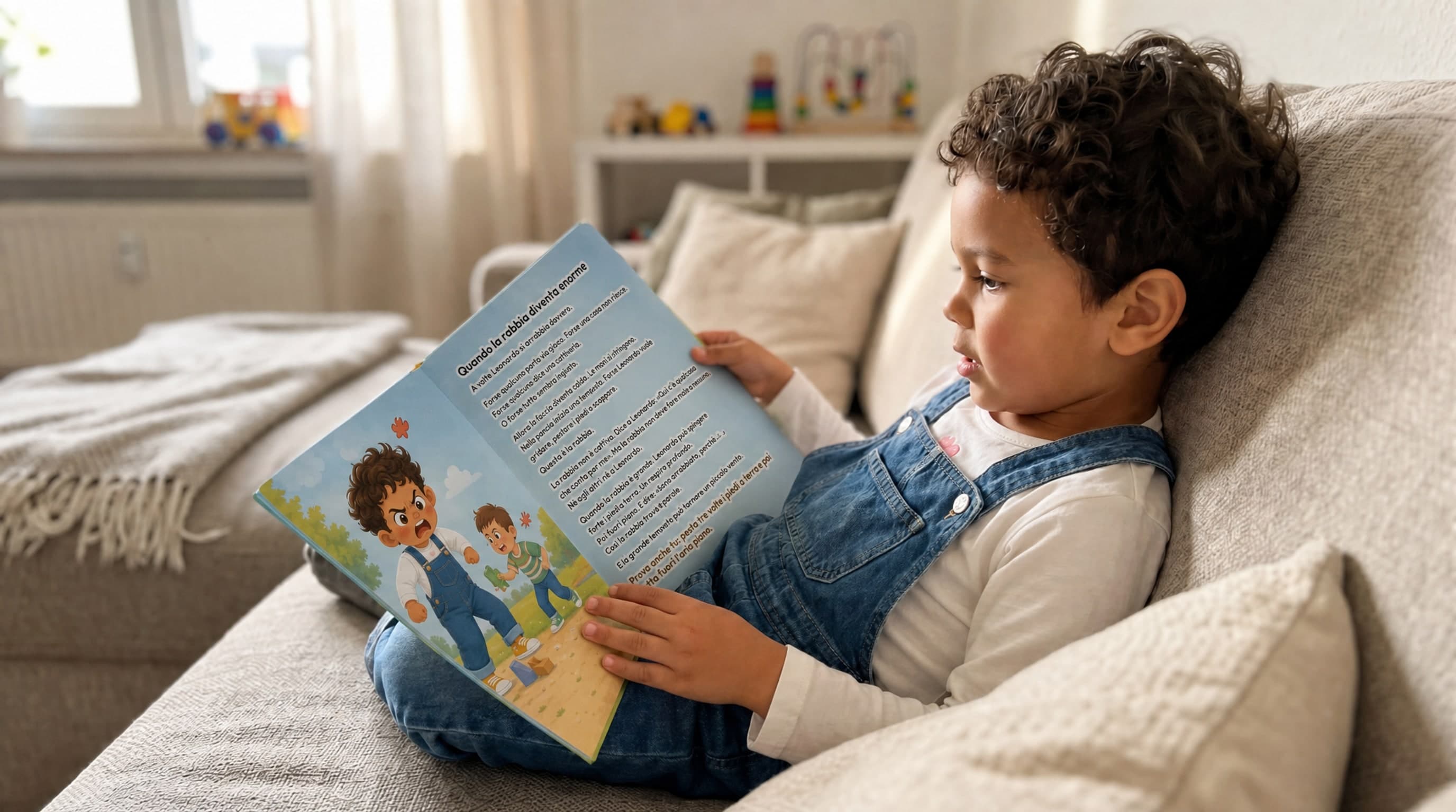 Bambino che legge il suo libro personalizzato