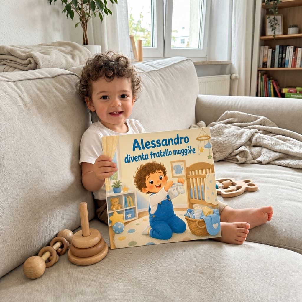 Bambino che legge il suo libro personalizzato