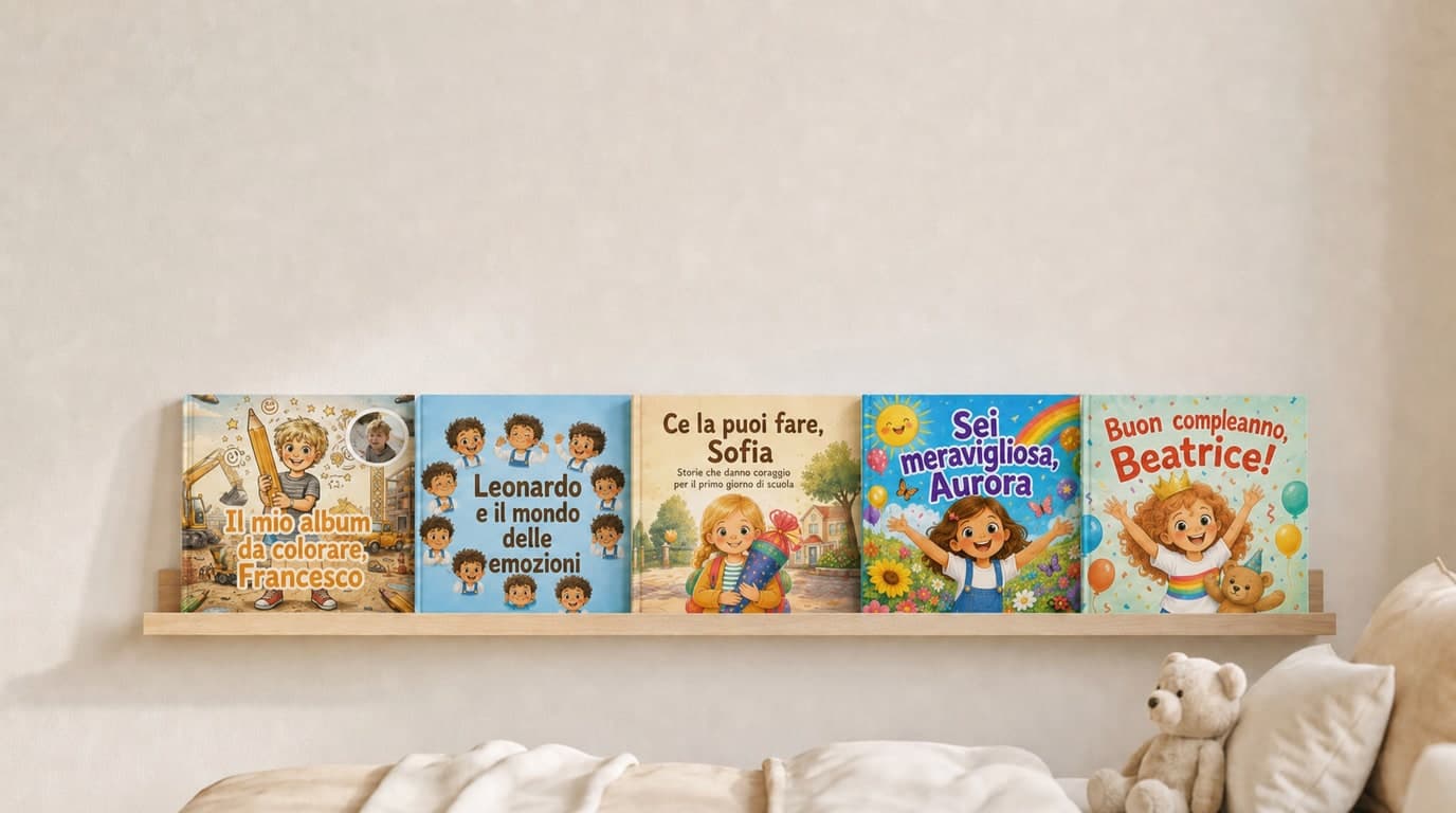 I libri per bambini personalizzati di Confetti Prints sulla mensola della cameretta