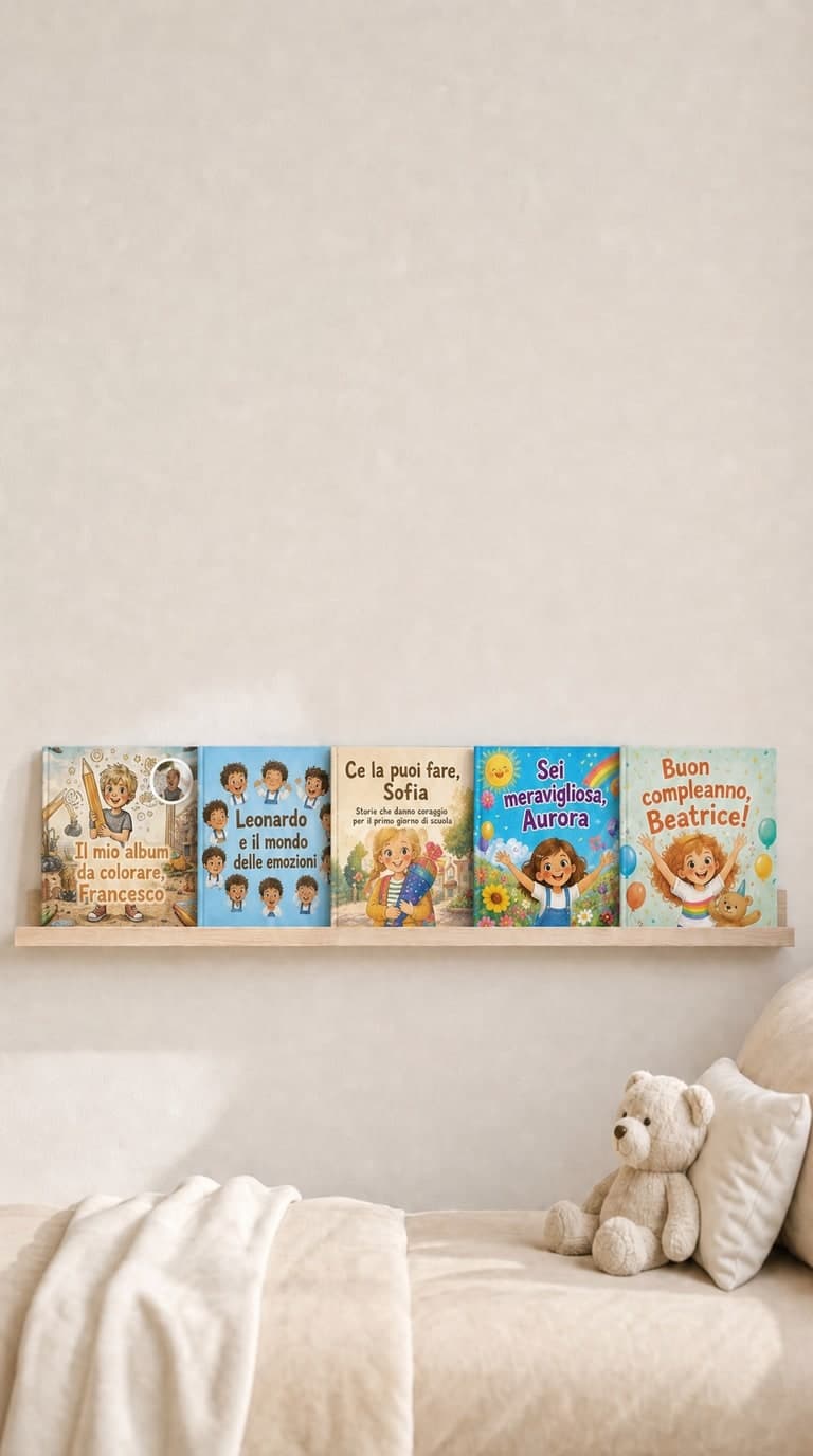 I libri per bambini personalizzati di Confetti Prints sulla mensola della cameretta
