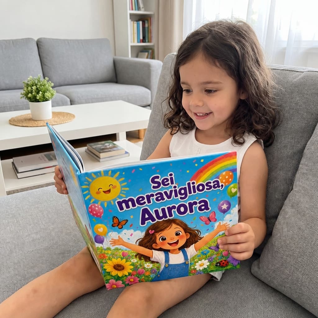 Bambino che legge il suo libro personalizzato