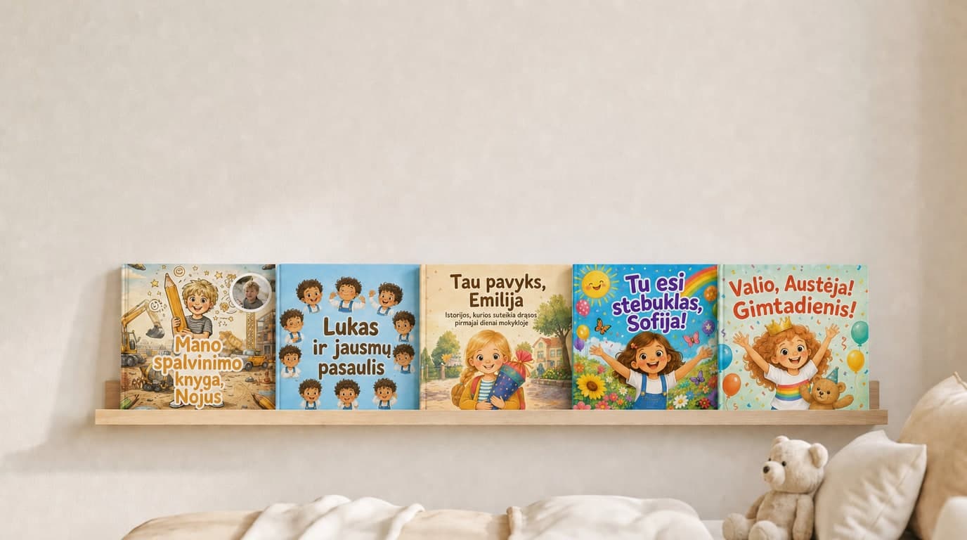 Personalizuotos „Confetti Prints“ vaikiškos knygos vaikų kambario lentynoje