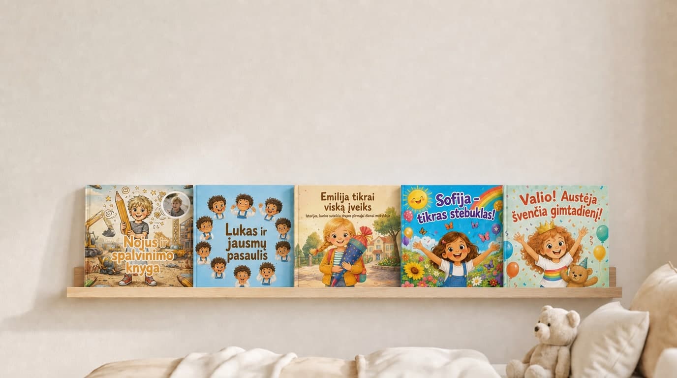 Personalizuotos „Confetti Prints“ vaikiškos knygos vaikų kambario lentynoje