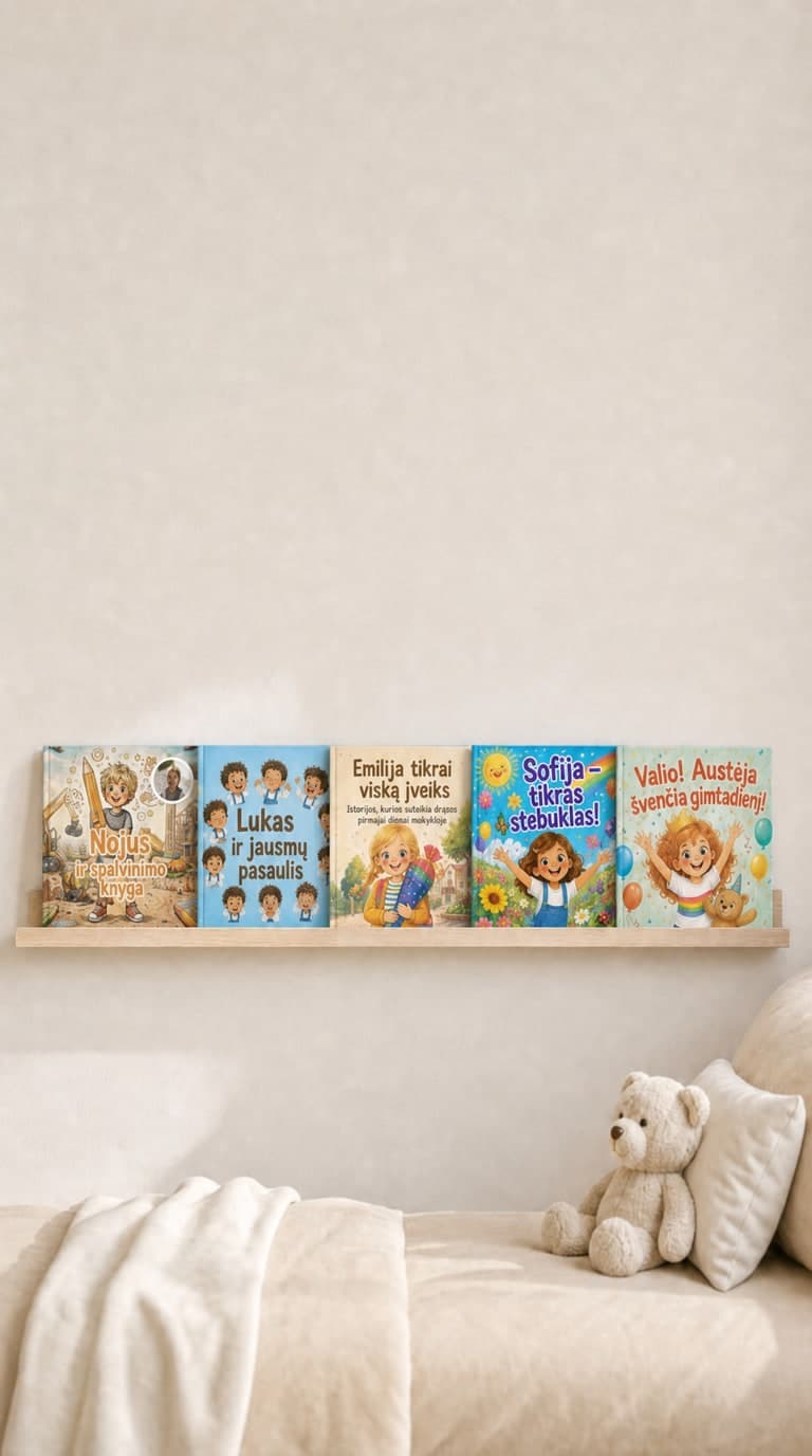 Personalizuotos „Confetti Prints“ vaikiškos knygos vaikų kambario lentynoje