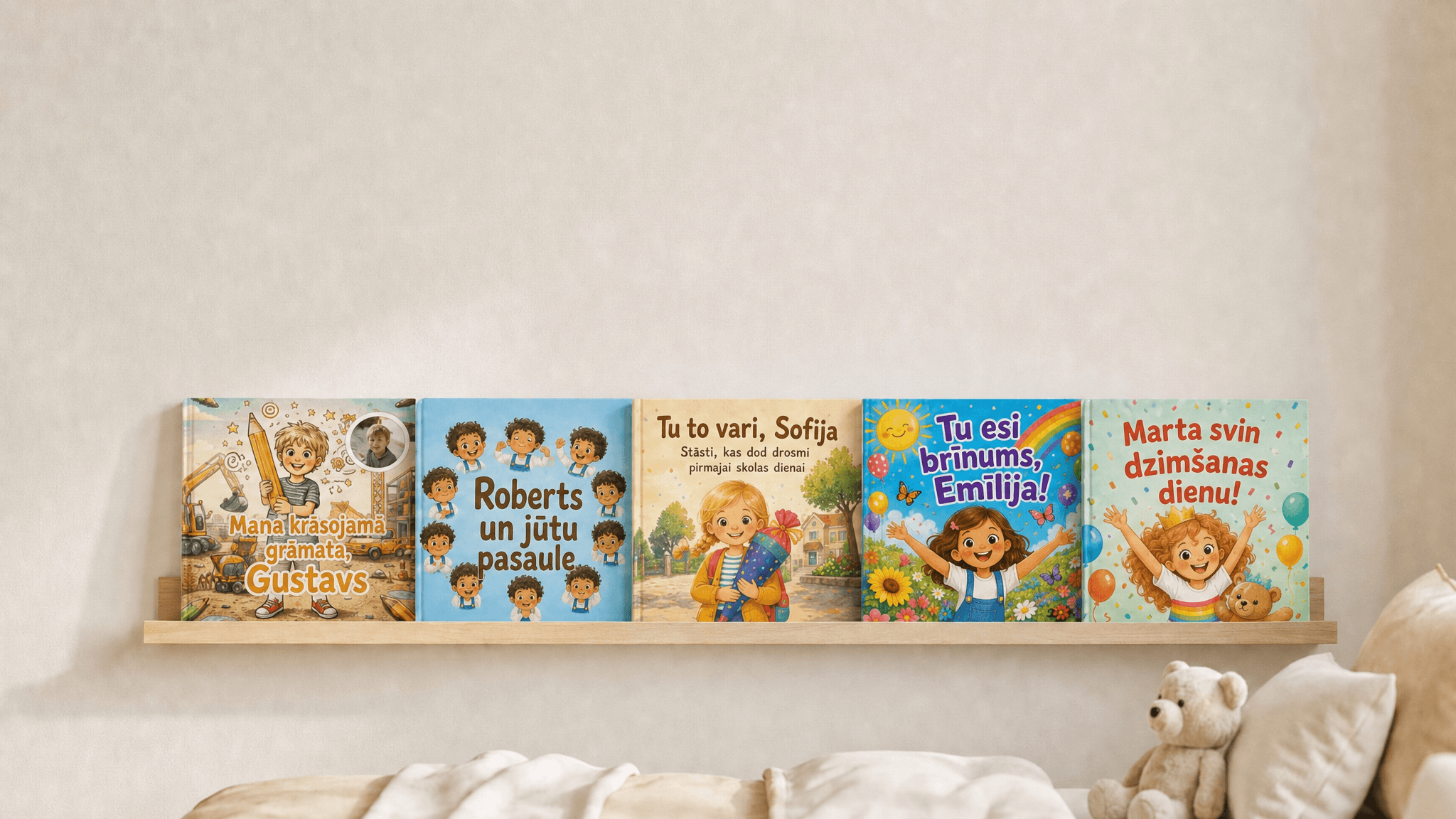 Confetti Prints personalizētās bērnu grāmatas bērnistabas plauktā