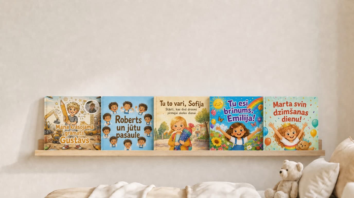 Confetti Prints personalizētās bērnu grāmatas bērnistabas plauktā