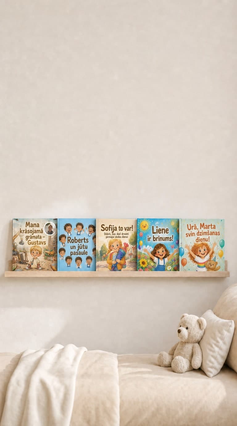 Confetti Prints personalizētās bērnu grāmatas bērnistabas plauktā