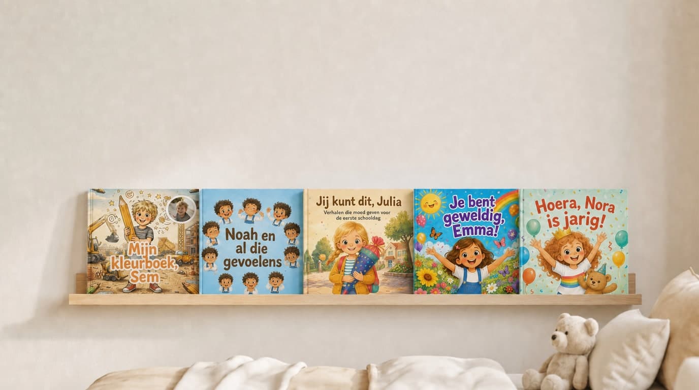 De gepersonaliseerde kinderboeken van Confetti Prints op de kinderkamerplank