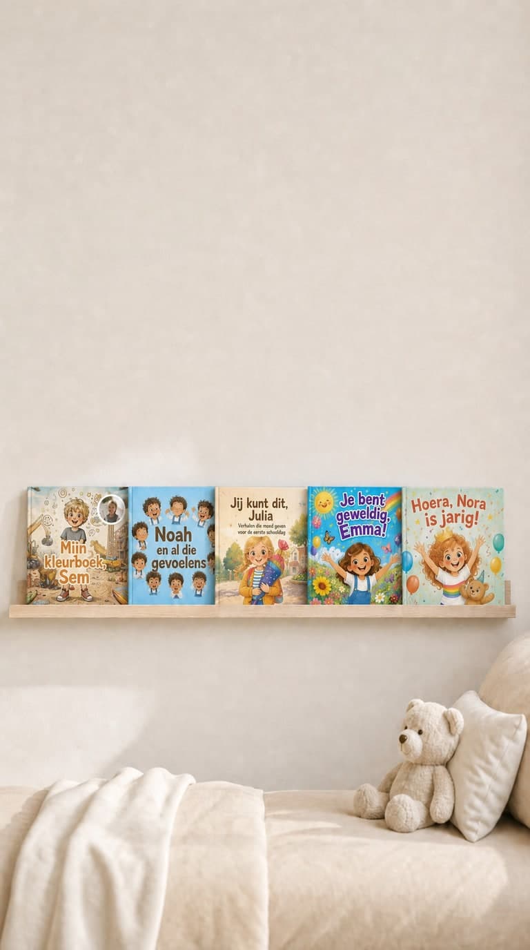 De gepersonaliseerde kinderboeken van Confetti Prints op de kinderkamerplank