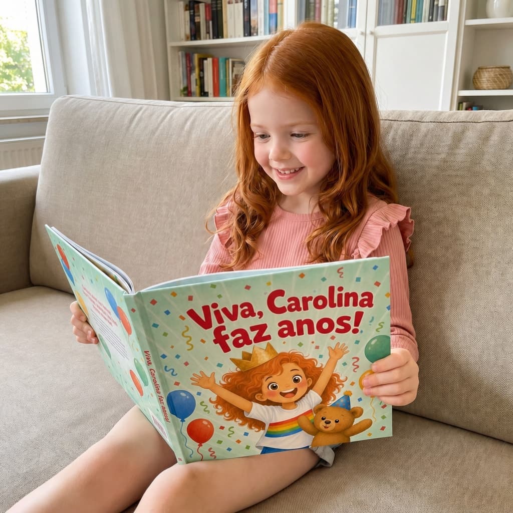 Criança a ler o seu livro personalizado