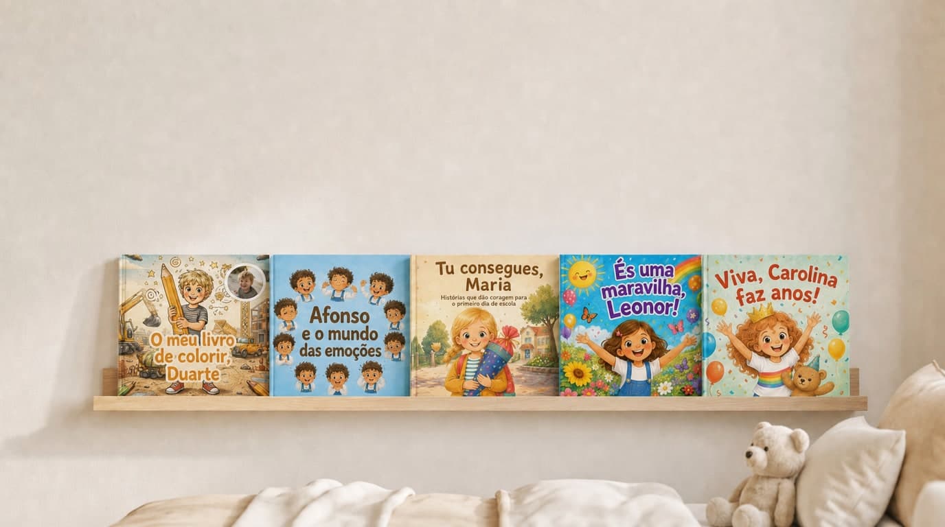 Os livros infantis personalizados da Confetti Prints na prateleira do quarto das crianças