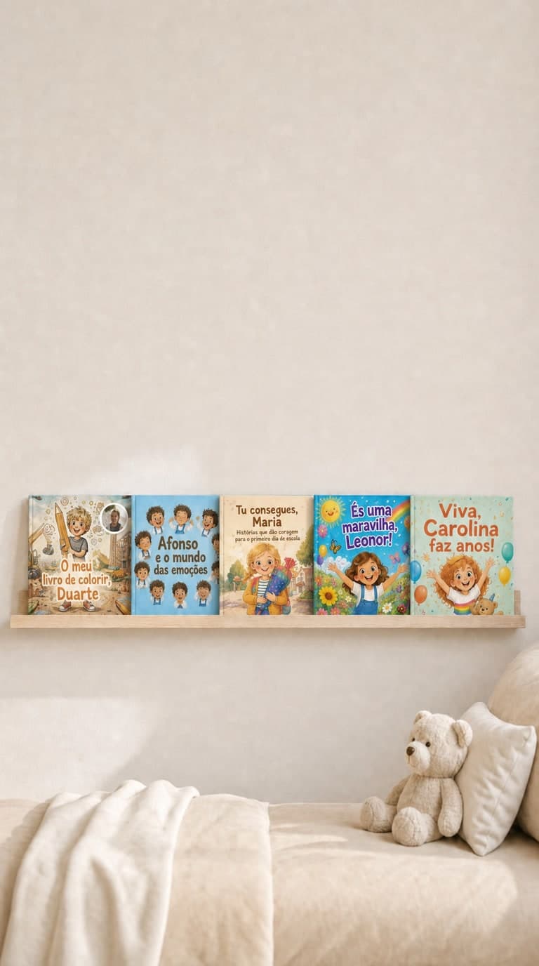 Os livros infantis personalizados da Confetti Prints na prateleira do quarto das crianças