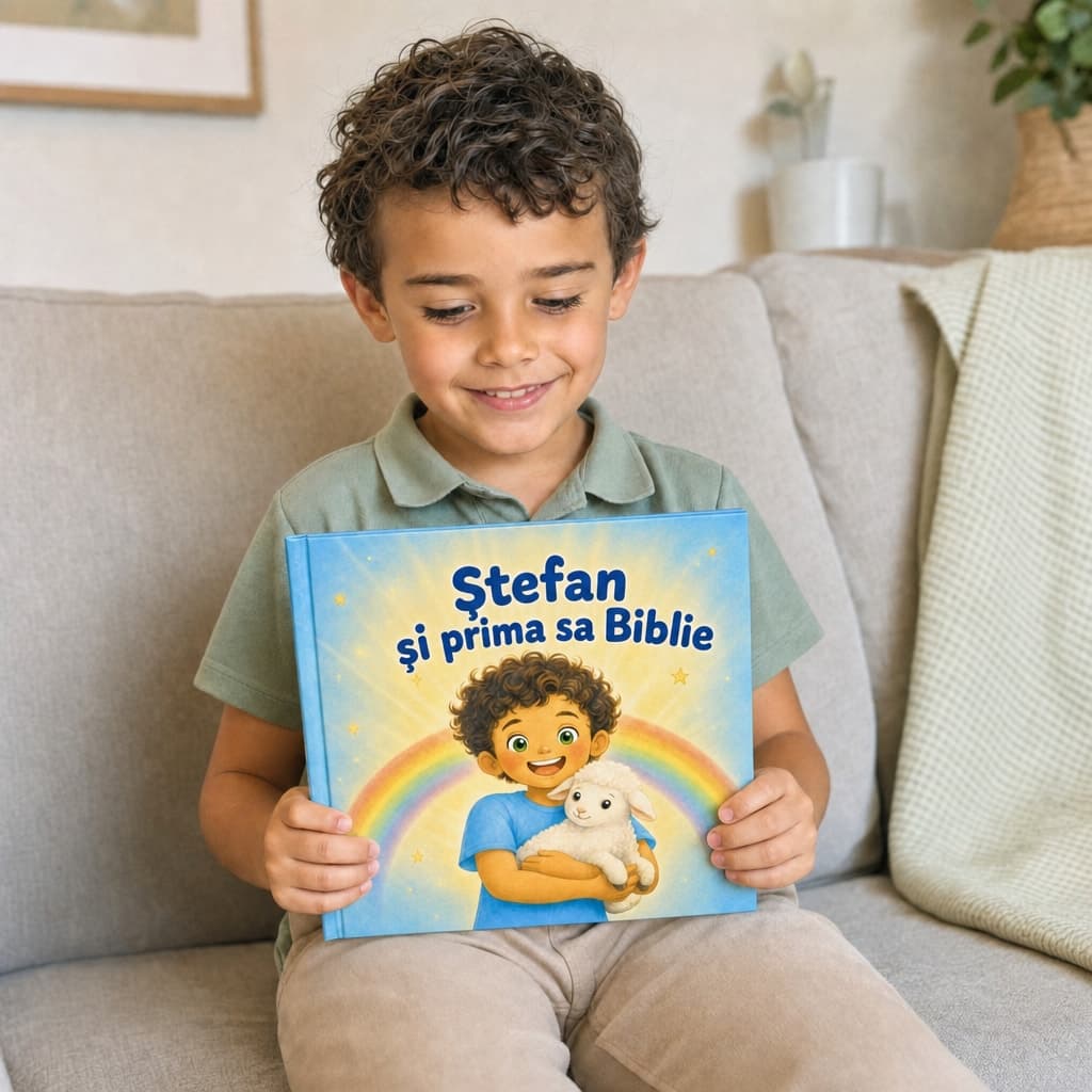 Copil citind cartea lui personalizată