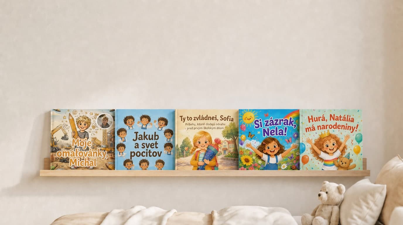 Personalizované detské knihy Confetti Prints na poličke v detskej izbe