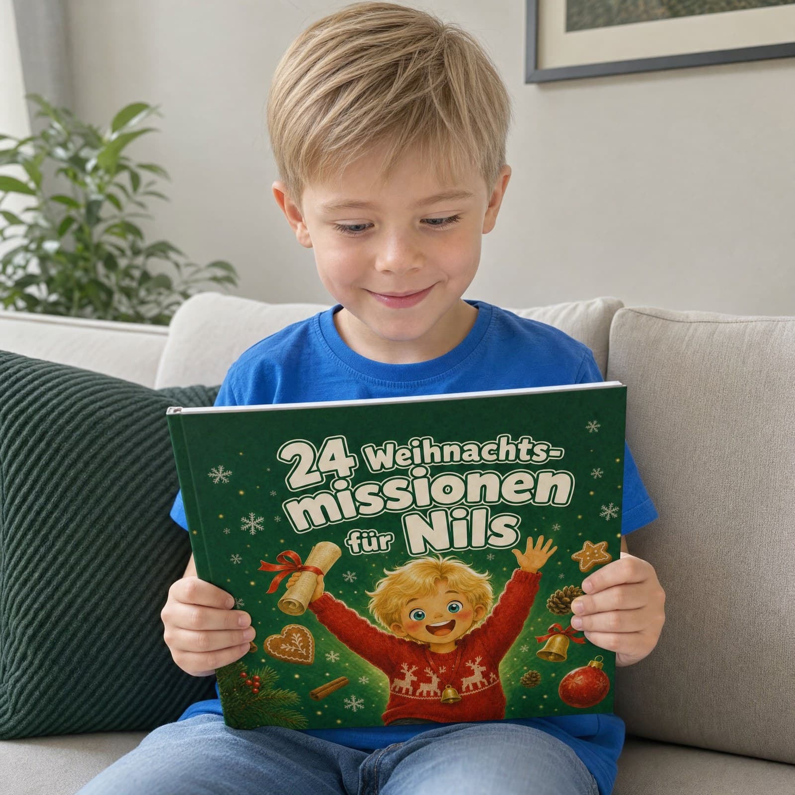 Kind mit dem personalisierten Buch „24 Weihnachtsmissionen“