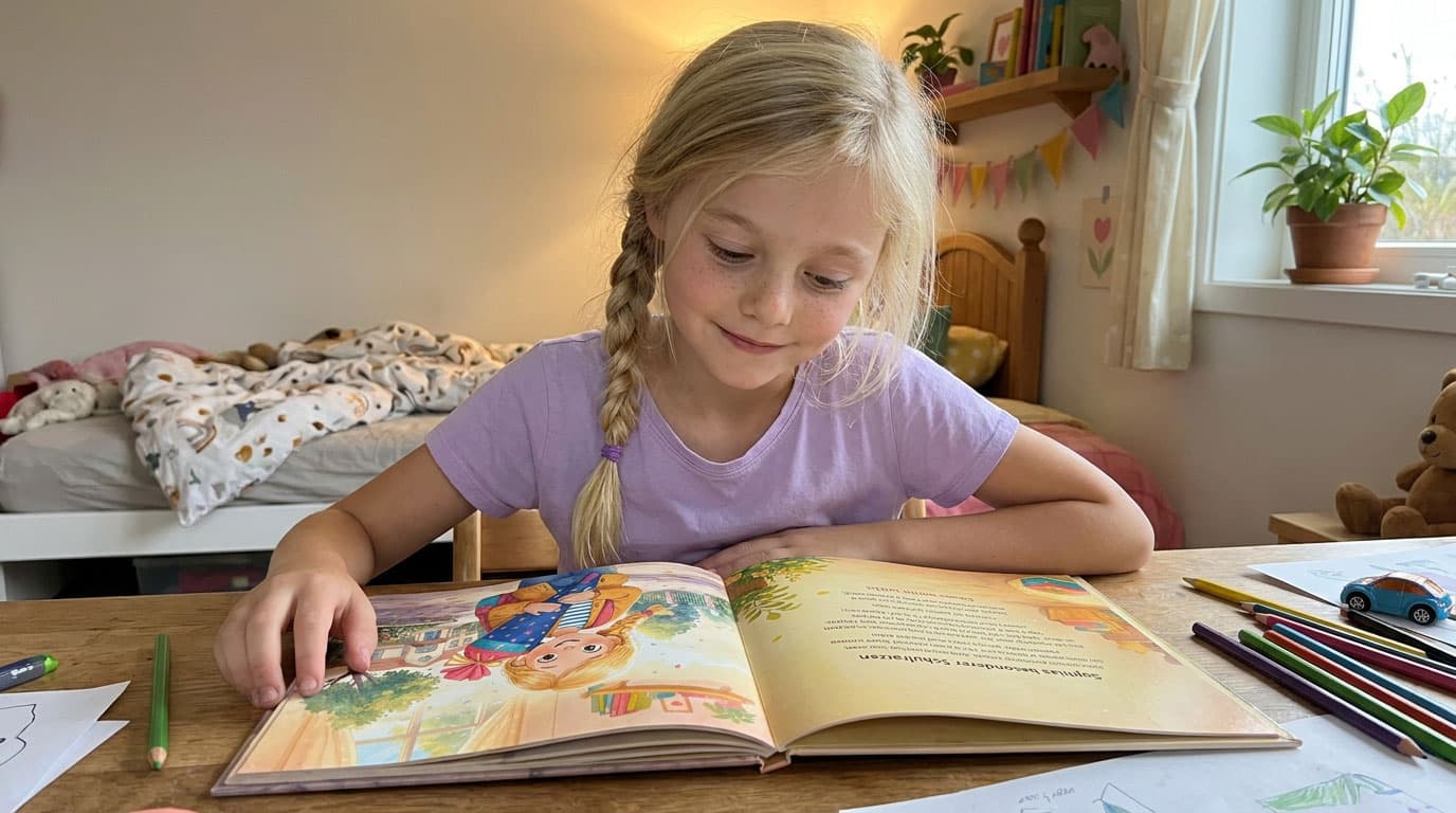 Bambino che legge il suo libro personalizzato