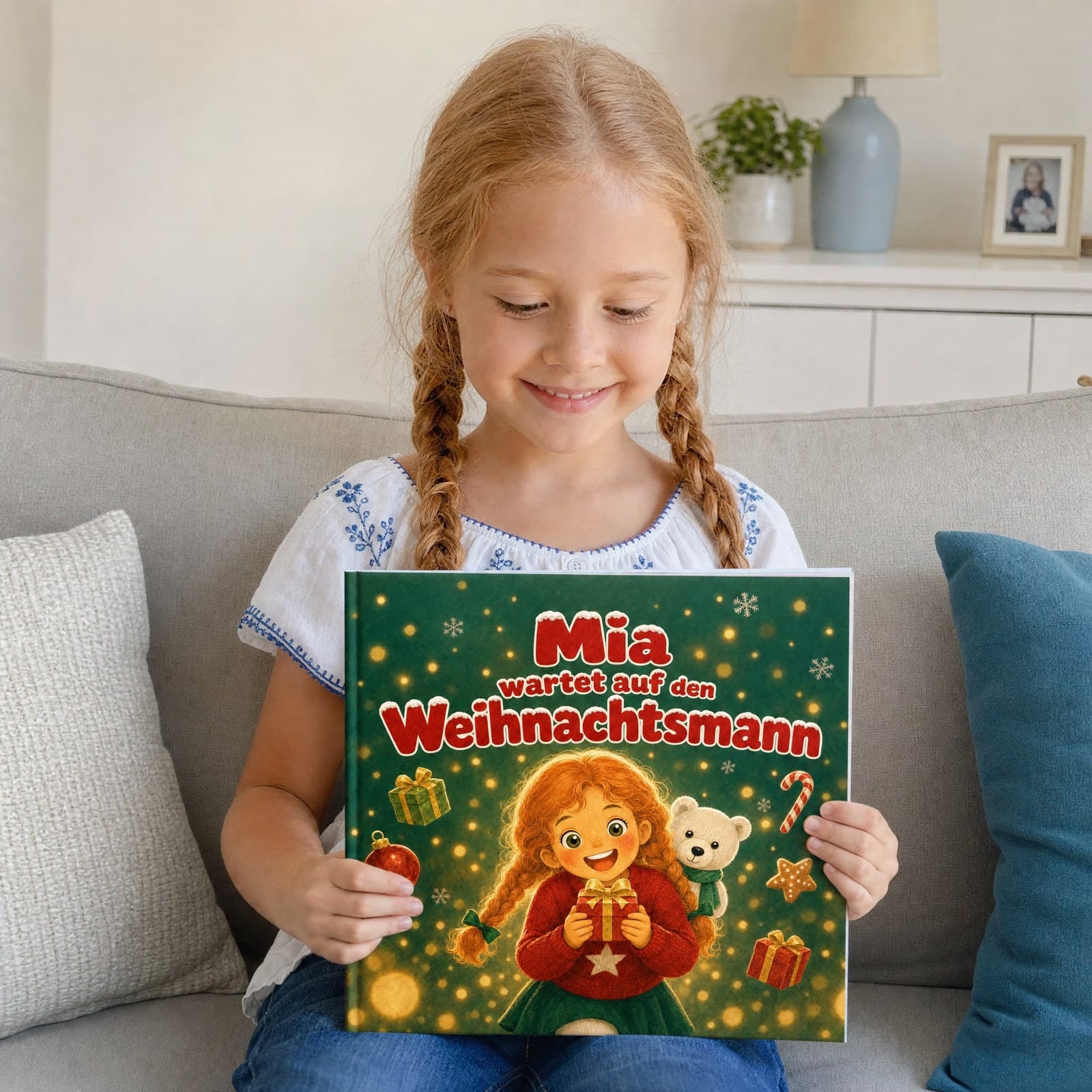 Kind mit dem personalisierten Buch „Warten auf den Weihnachtsmann“