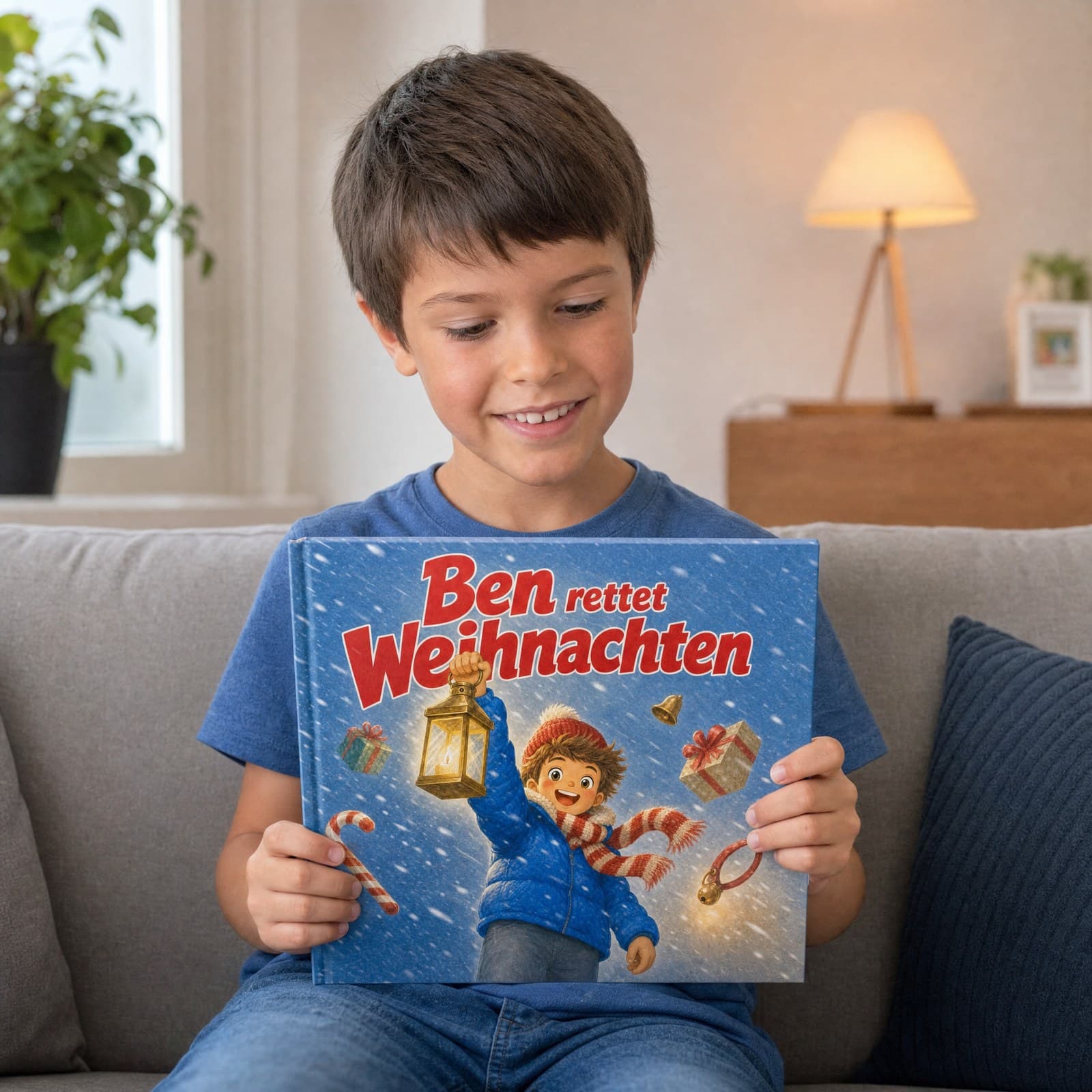 Kind mit dem personalisierten Buch „Du rettest Weihnachten“
