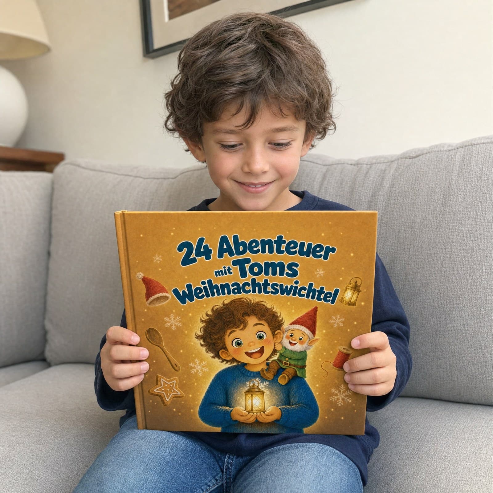 Kind mit dem personalisierten Buch „24 Abenteuer mit dem Wichtel“