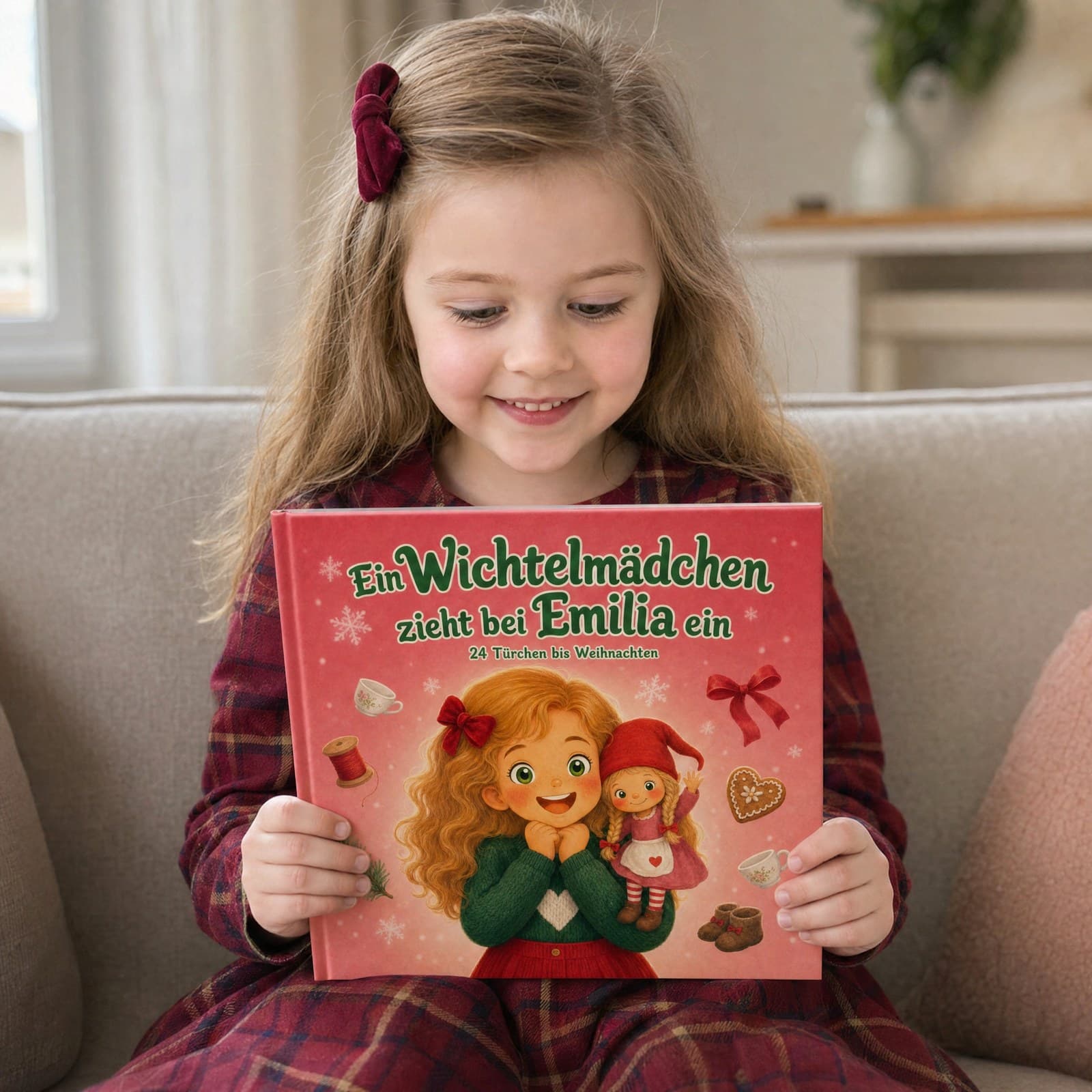 Kind mit dem personalisierten Buch „Ein Wichtelmädchen zieht ein“