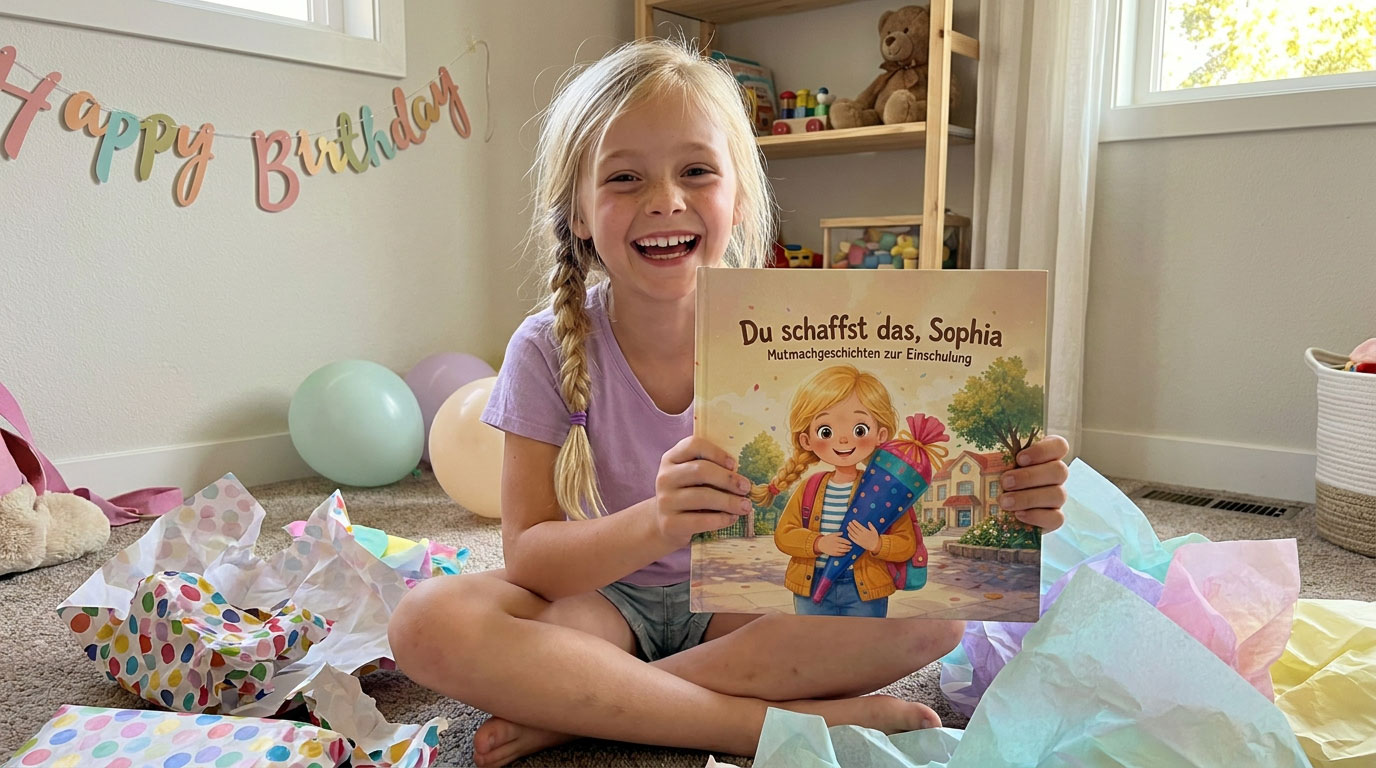 Kind hält sein Mutmachbuch in den Händen
